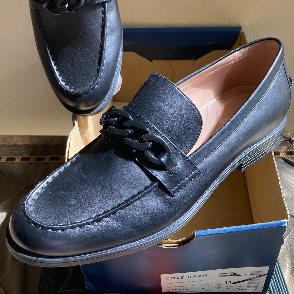 Cole Haan New with tags ladies  Black Leather Loafers with Chain Detail